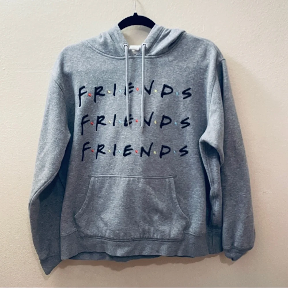 H&M Light Gray Warner Brothers FRIENDS embroidered Sweatshirt Hoodie Size L - Picture 2 of 11